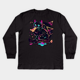 Space Cat with Pizza Kids Long Sleeve T-Shirt